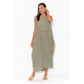 Khaki Linen Pocket Dress