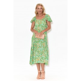 Green Watercolour Frill Sleeve Dress